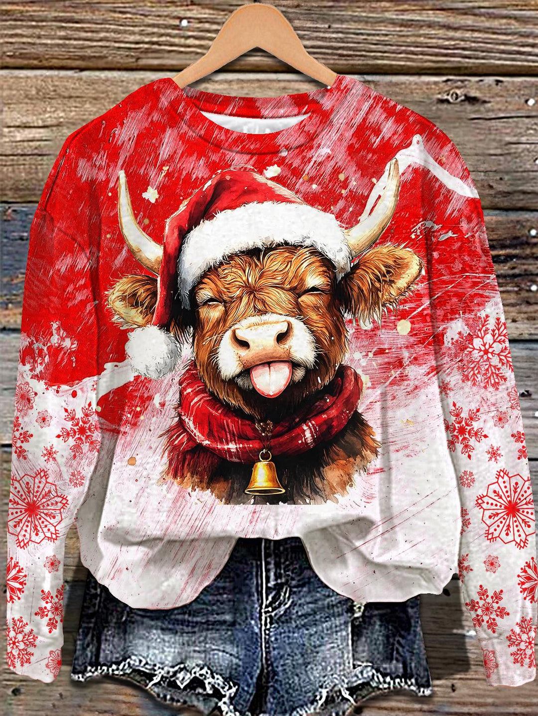 Christmas Snowflake Highland Cow Print Long Sleeve Casual Top