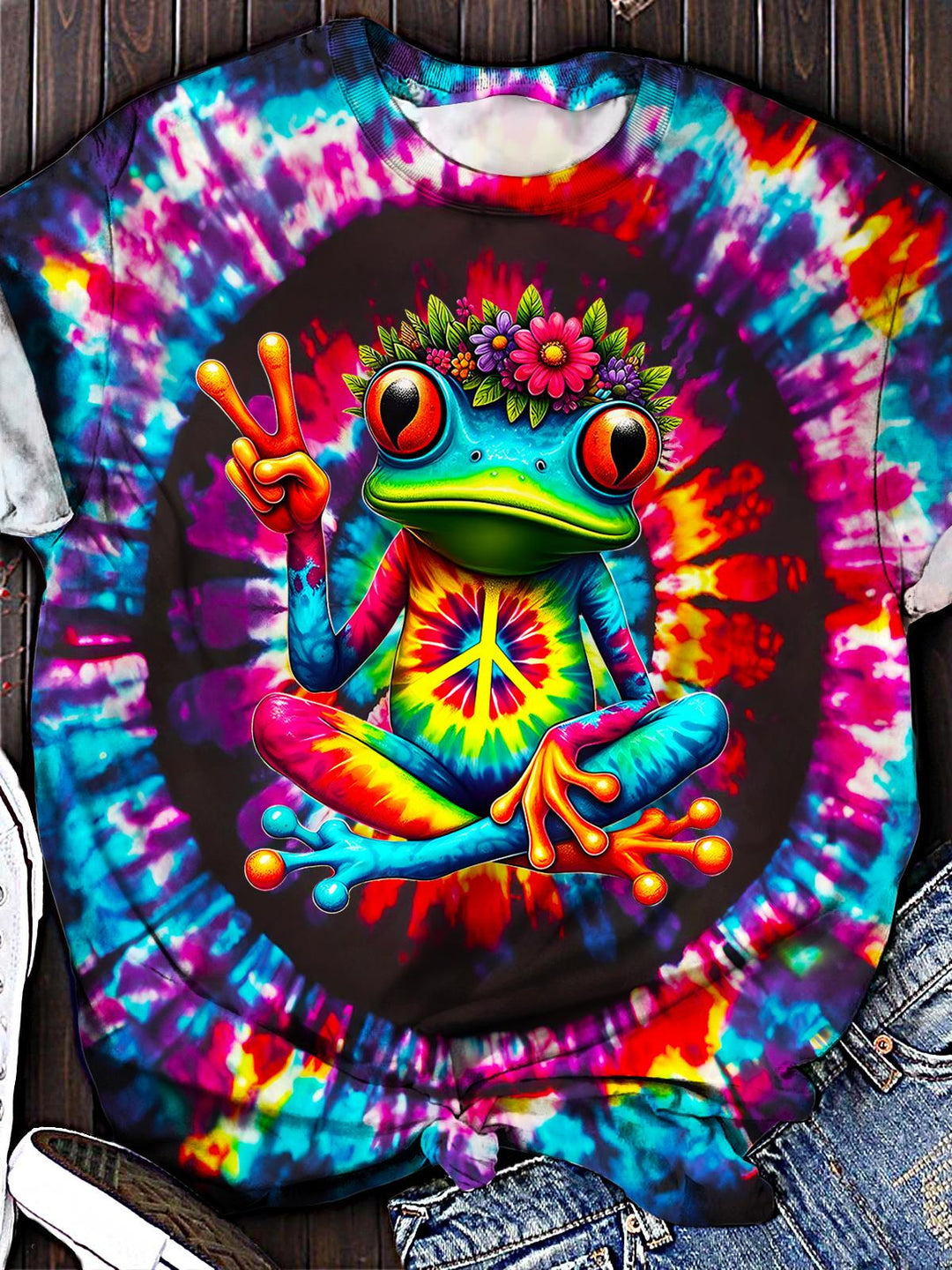 Colorful Hippie Frog Print Crew Neck T-shirt