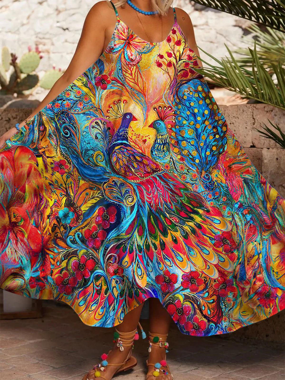 Sunset Phoenix Art Printed Casual Spaghetti Strap Dress
