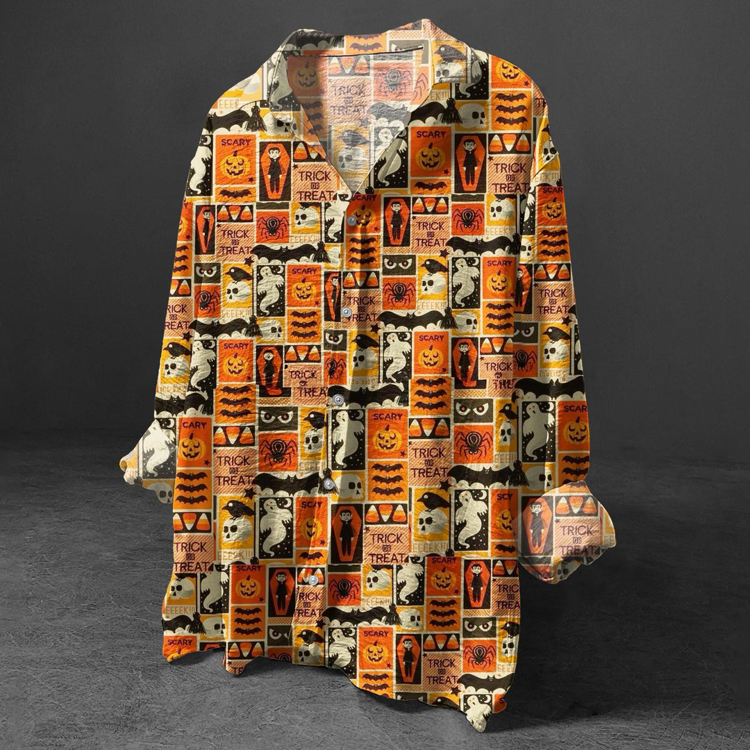 Men's Halloween Pumpkin Print Long Sleeve Shirt Collar Shirts