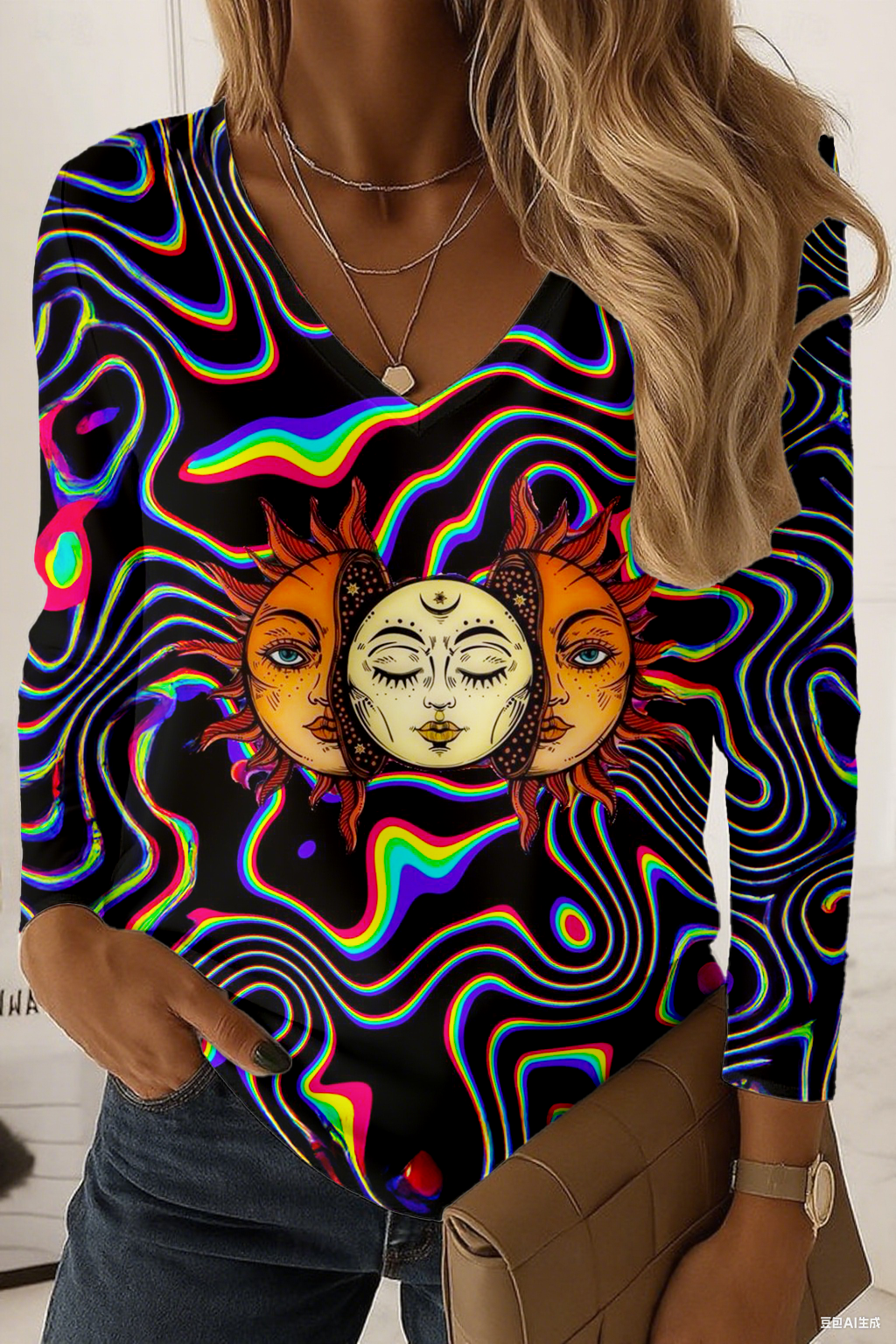 Retro Magic Hippie Sun And Moon V-neck Long Sleeve Top