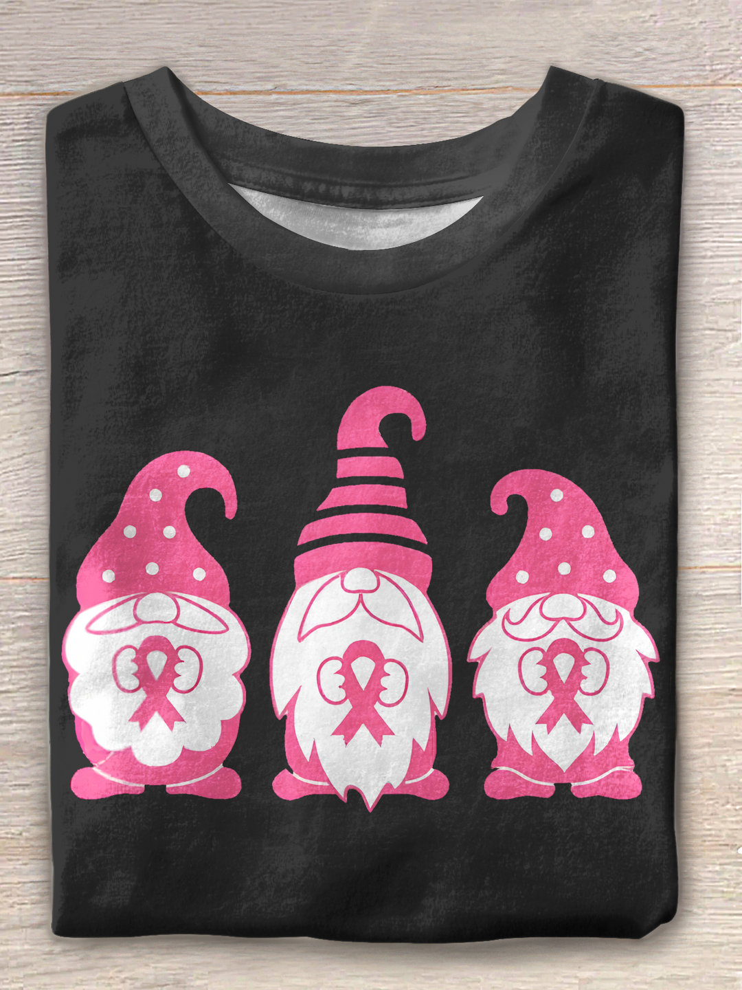 Pink Ribbon Breast Cancer Awareness Gnome Art Crew Neck T-shirt