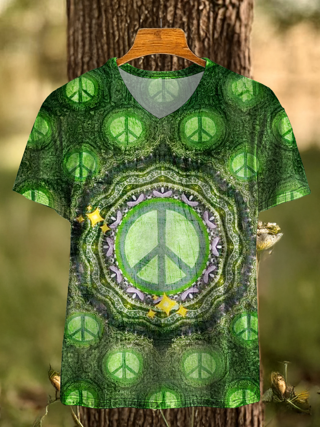 Vintage Lace Texture Hippie Peace Sign Art V-neck T-Shirt