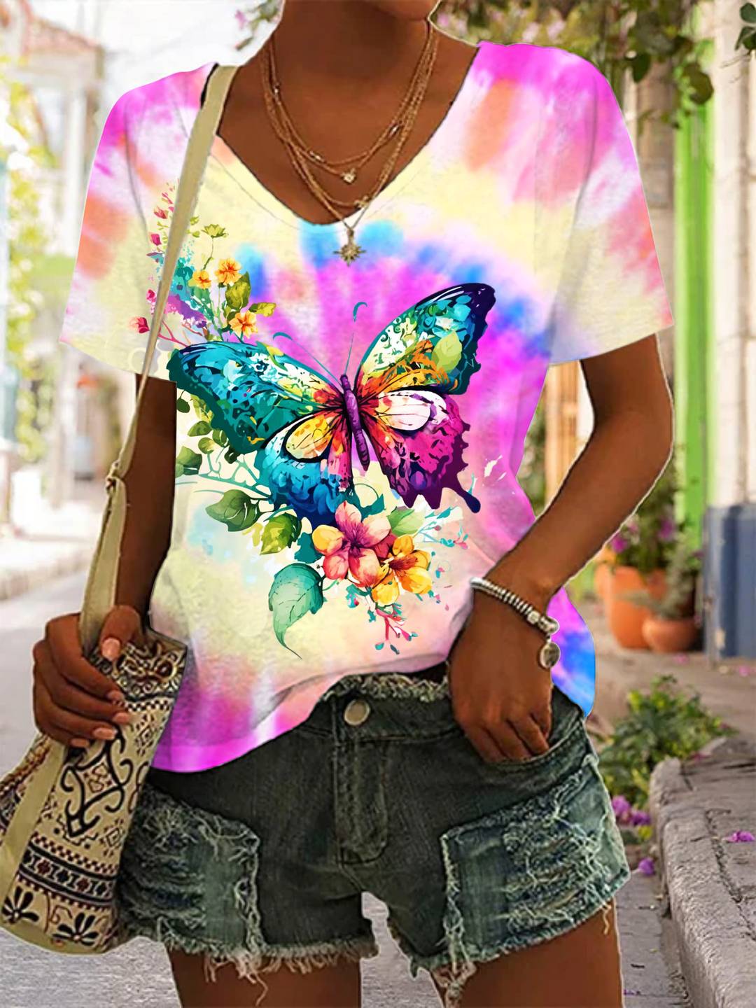 Tie-dye Cute Floral Butterfly V-neck T-Shirt