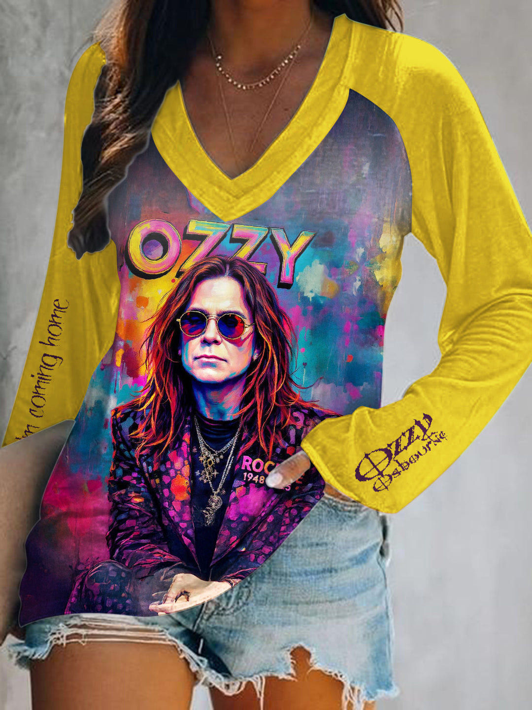 Ozzy Osbourne Retro Graffiti Print V-Neck Long Sleeve Top