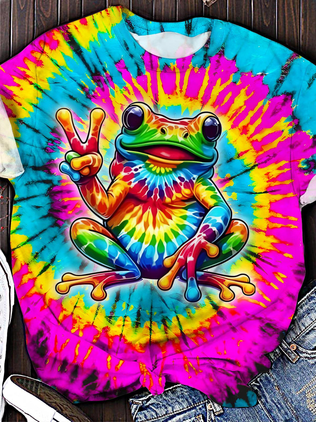 Summer Colorful Rainforest Frog Printed Crew Neck T-shirt