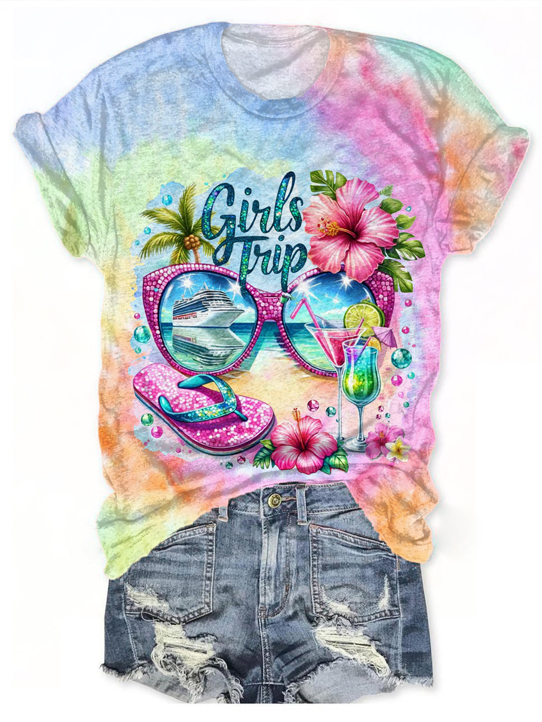 Summer Sisters Travel Vacation Printed Crew Neck T-shirt