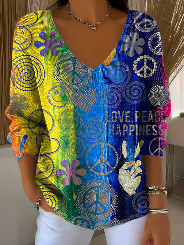Colorful Classic Hippie Art Casual V Neck Pullover Sweater