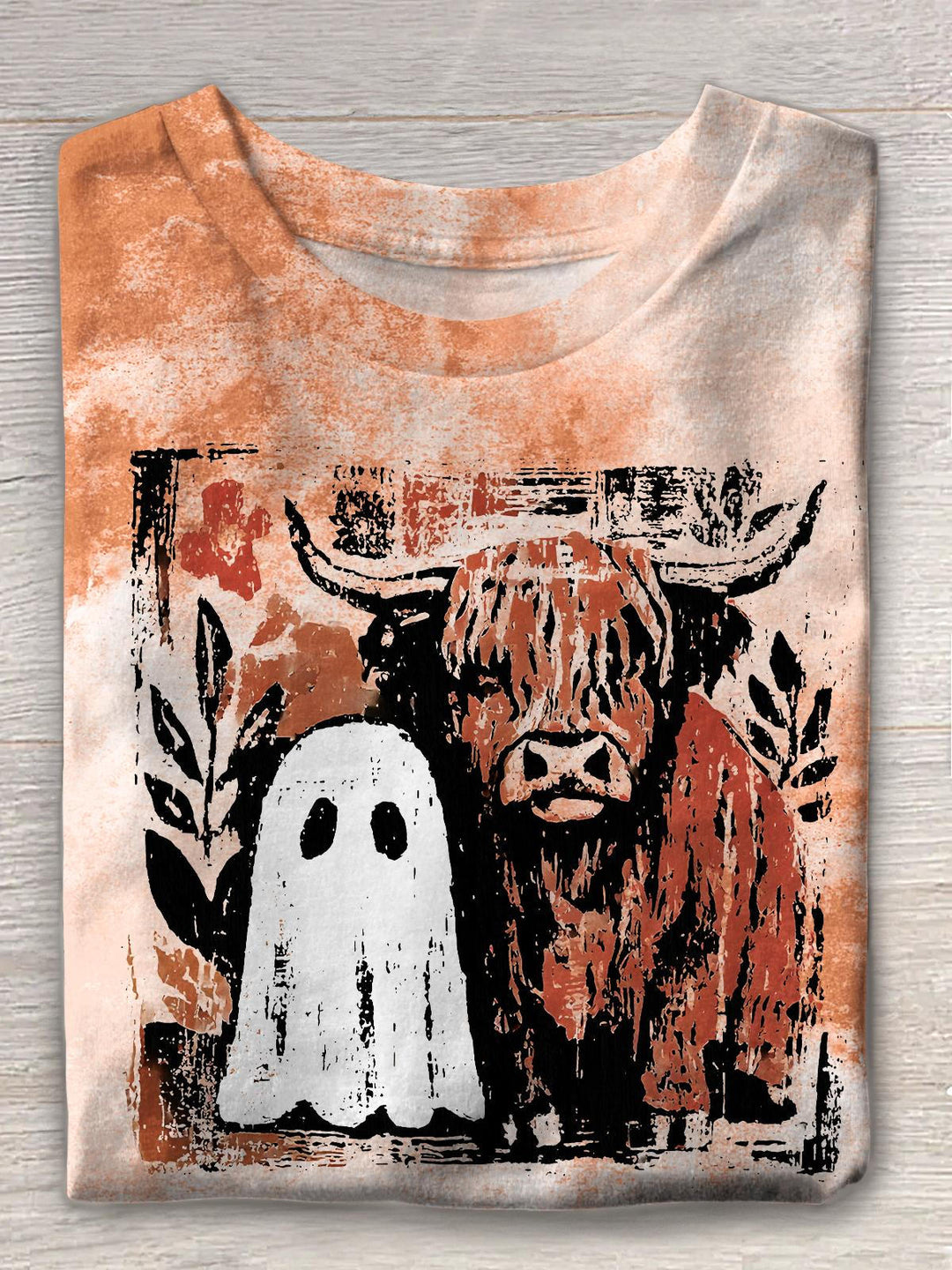 Autumn Ghost Highland Cow Printed Crew Neck T-shirt