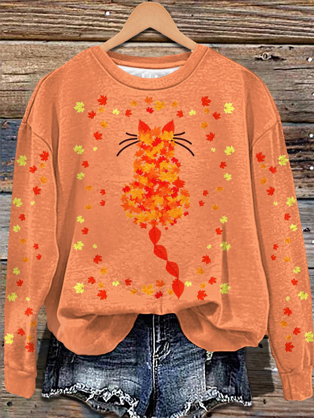 Autumn Leaves Kitten Printed Long Sleeve Casual Top