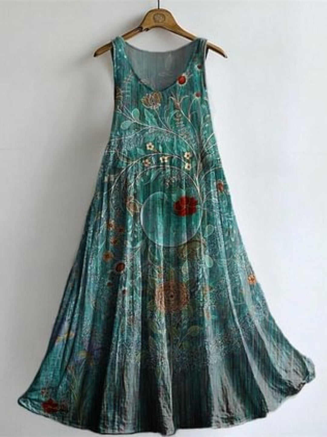 Retro Hippie Ethnic Pattern Art V-neck Bamboo Linen Sleeveless Dress