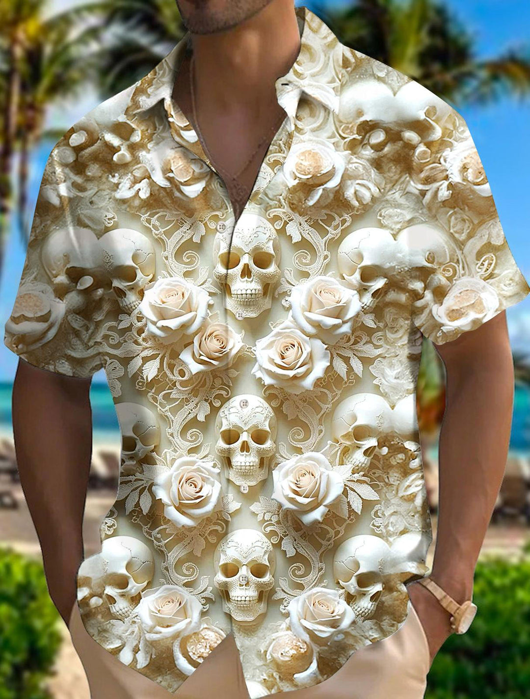 Men's Halloween Skull Embossed Print Short Sleeve Shirts