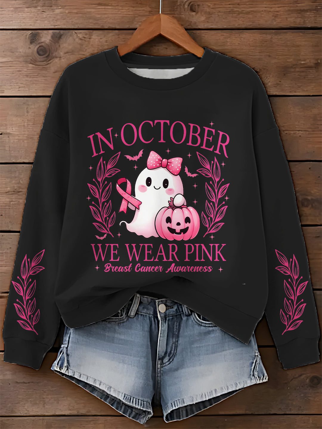 Breast Cancer Consciousness Ghost Print Long Sleeve Casual Top