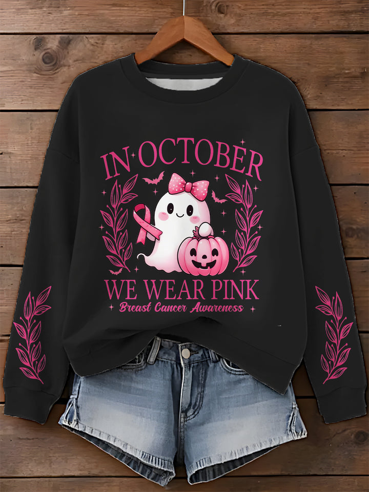 Breast Cancer Consciousness Ghost Print Long Sleeve Casual Top