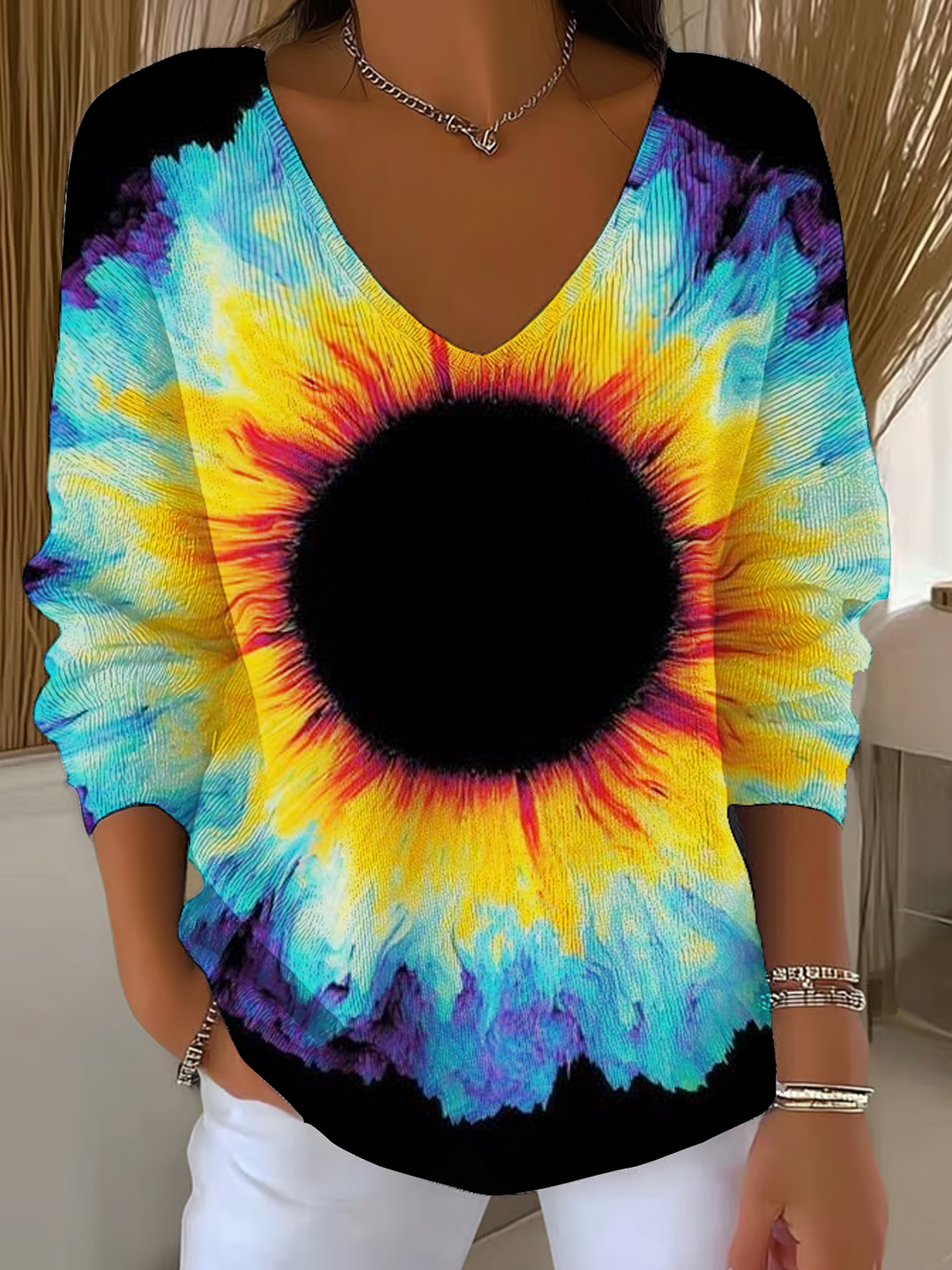 Vintage Sunflower Tie-Dye Art Casual V Neck Pullover Sweater