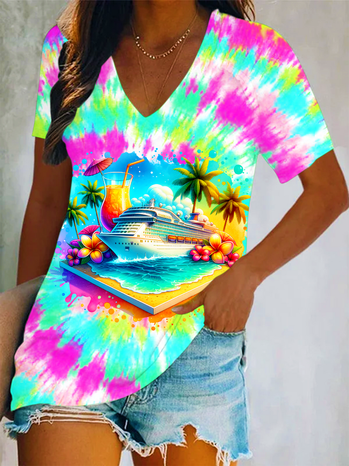 Tie-dye Cruise Watercolor Art Short Sleeve V Neck Print Top