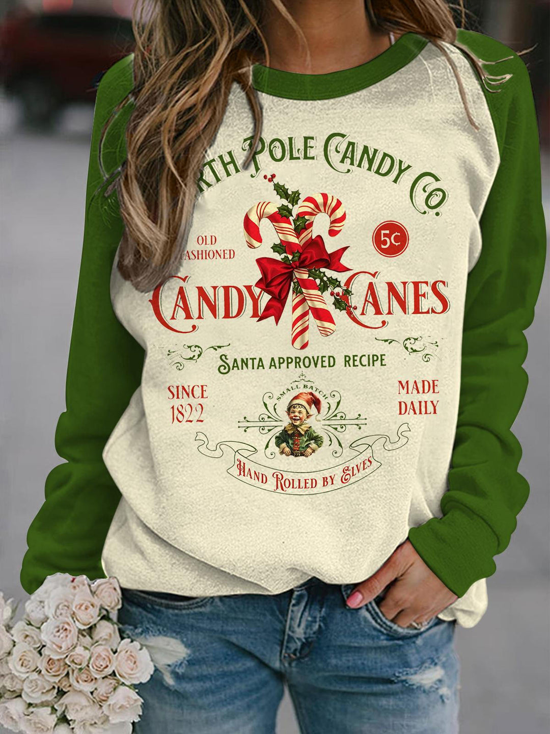 Retro Old Fashioned Candy Cane Long Sleeve Casual Top