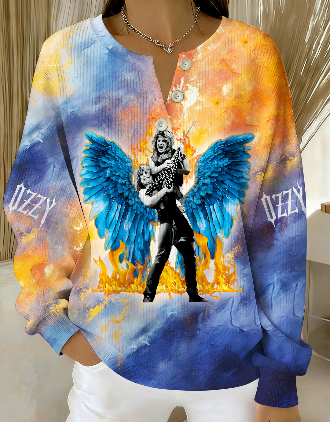 Ozzy And Randy Flying High AgainKnitted Button Long-Sleeved Top