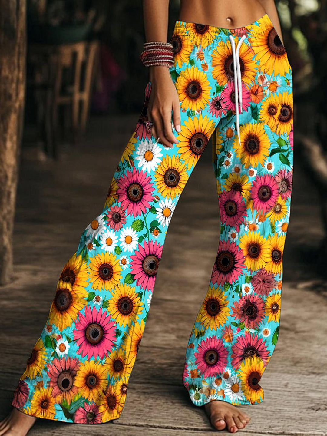Women's Autumn Sunflower Print Drawstring Wide-Leg Pants