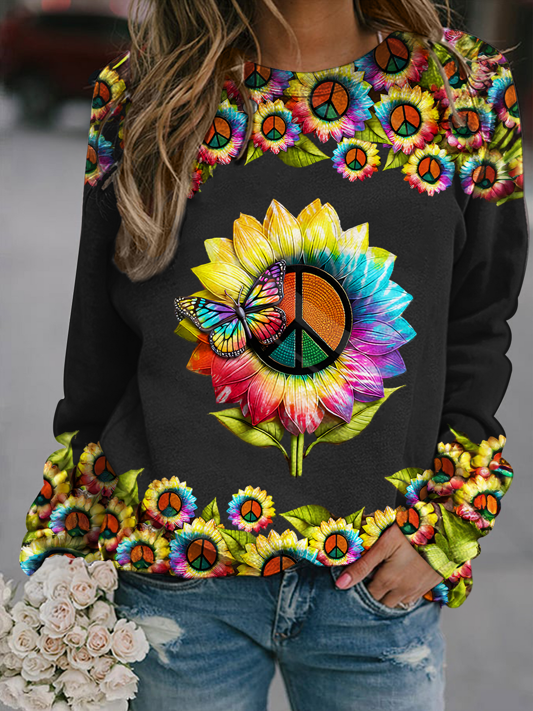 Colorful Classic Hippie Peace Sunflower Art Long Sleeve Casual Top
