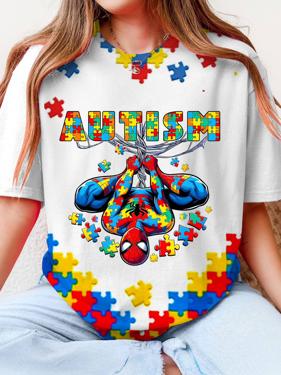 Spider Cartoon Autism Awareness Crew Neck T-shirt