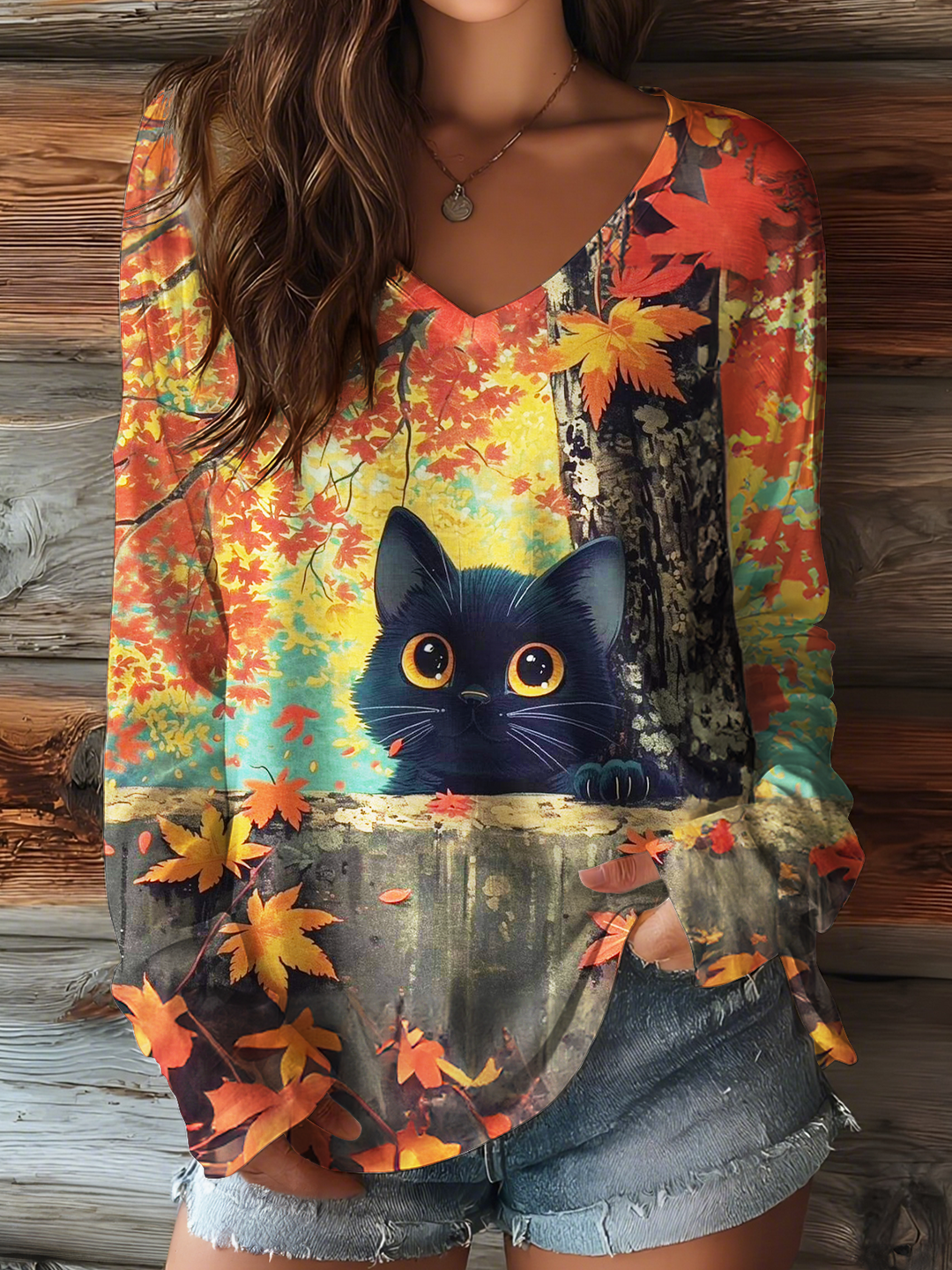 Autumn Maple Leaves Cat V-neck Long Sleeve Top