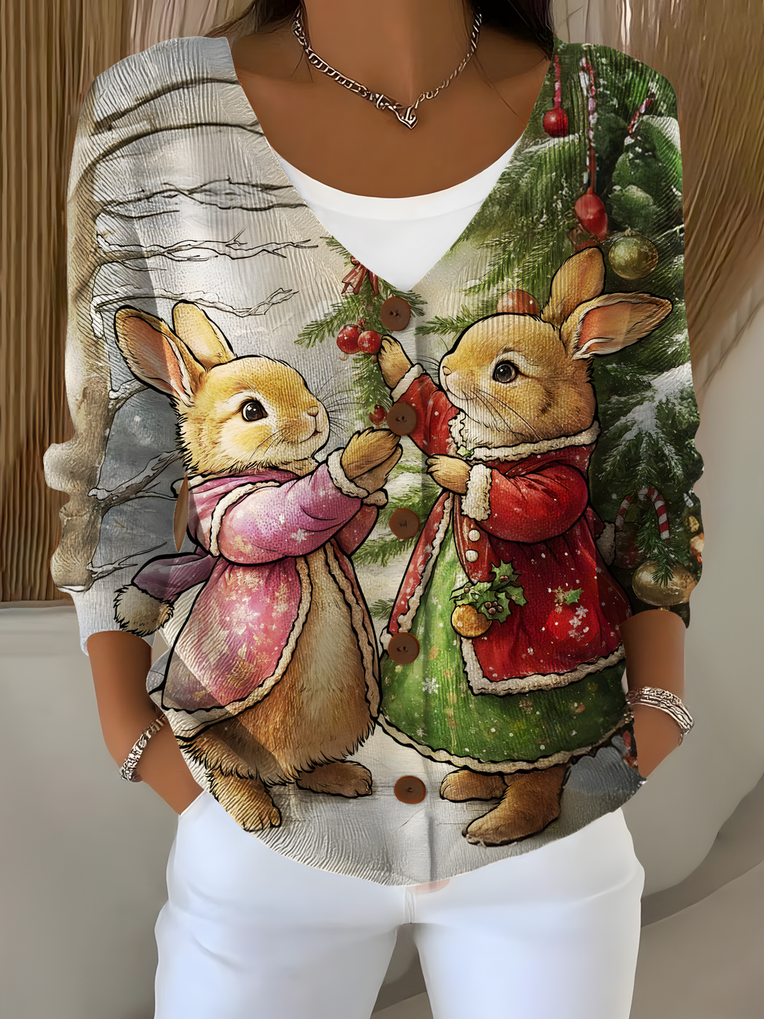 Vintage Winter Christmas Bunny Casual V Neck Pullover Sweater
