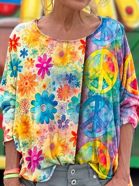 Colorful Flowers Hippie Art Dropped Shoulders Long Sleeves T-shirt