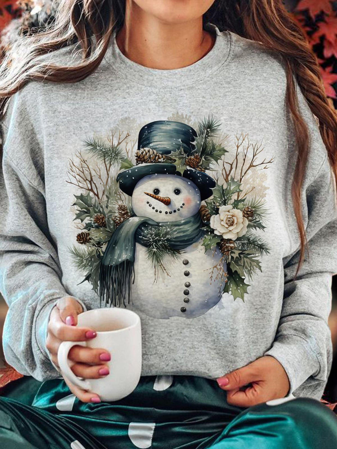 Vintage Snowman Printed Long Sleeve Casual Top