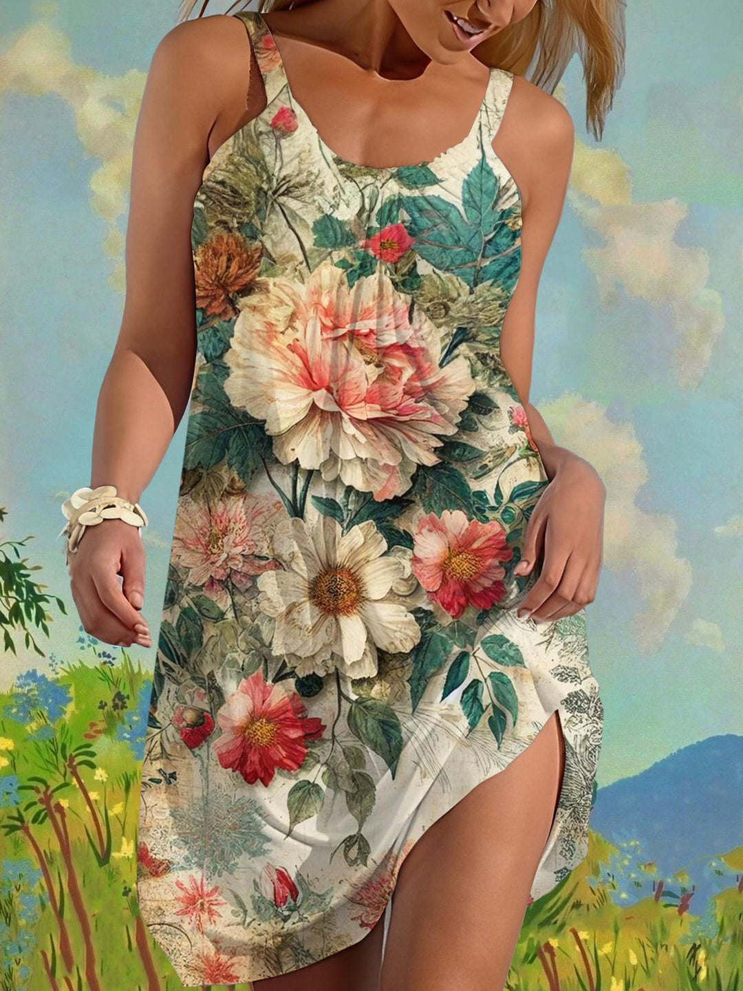 Vintage Peony Flower Print Casual Beach Dress