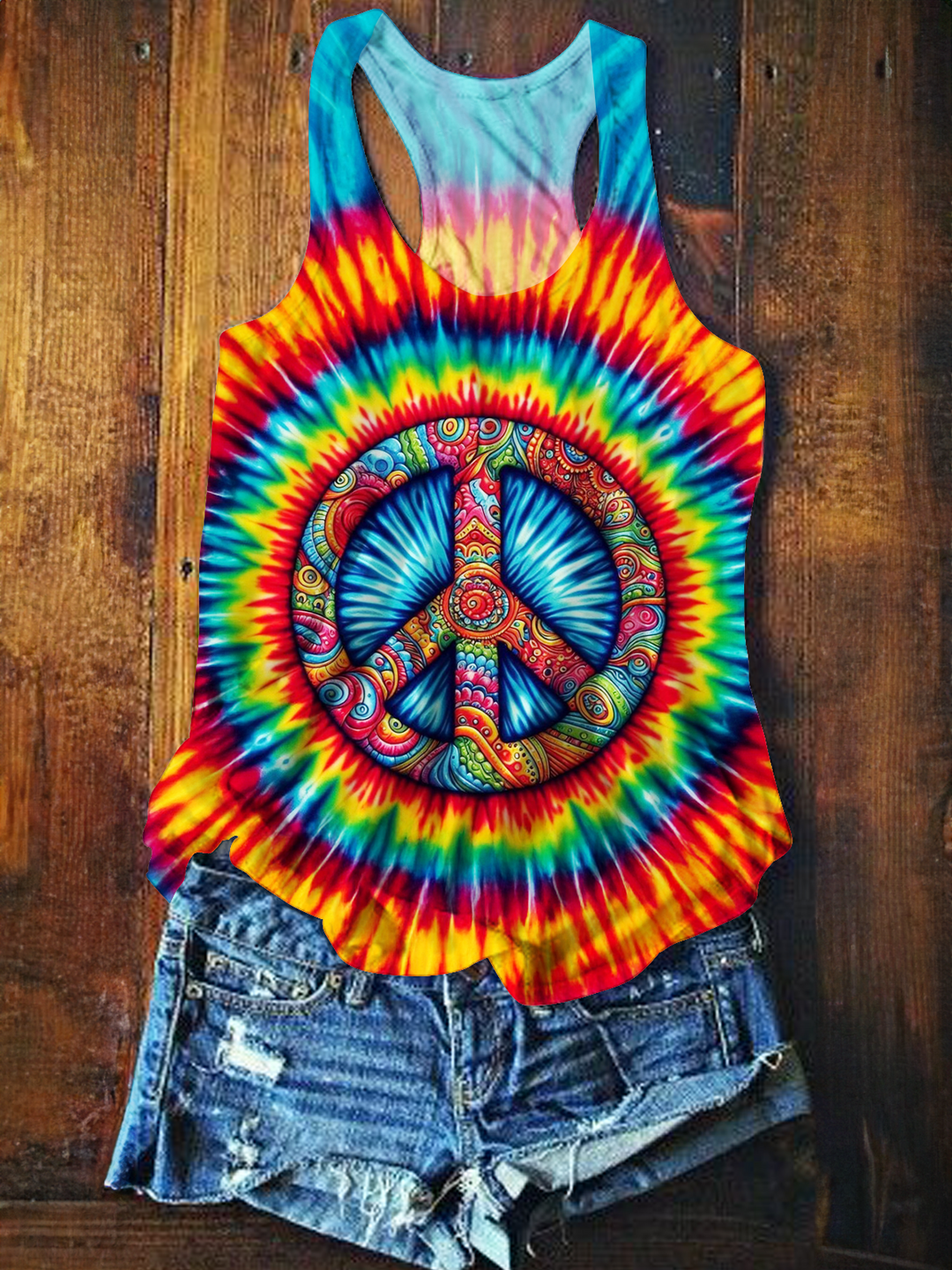 Retro Tie-dye Peace Hippie Printed Casual Tank Top