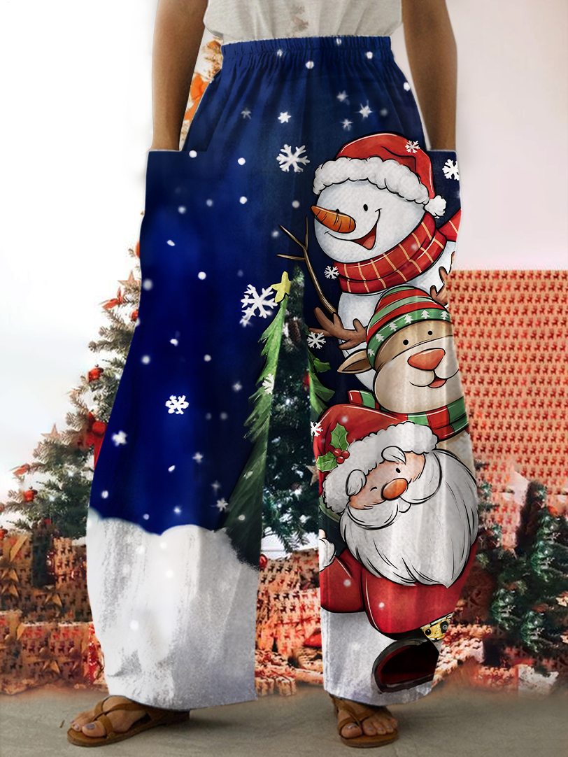 Cute Christmas Snowman Reindeer Print Casual Pants