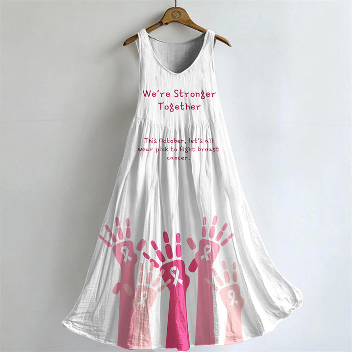 Breast Cancer Awareness Print V-neck Bamboo Linen Sleeveless Dress