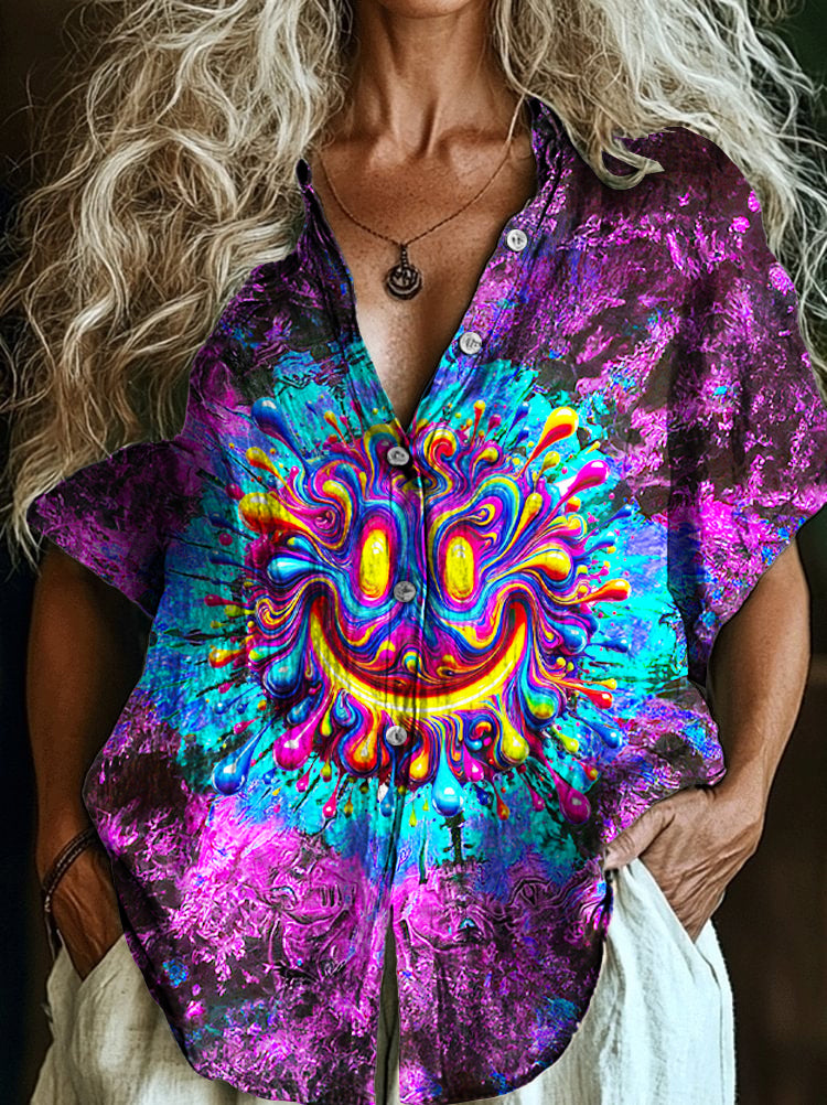 Hippie Smiley Face Print Lapel Short Sleeve Shirt