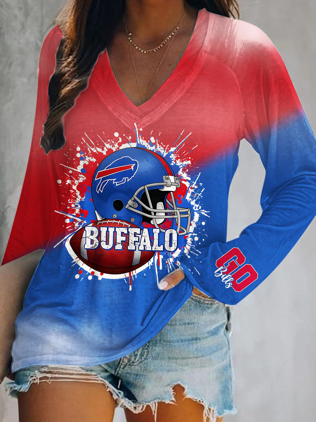 Buffalo Bills Football Print V-Neck Long Sleeve Top