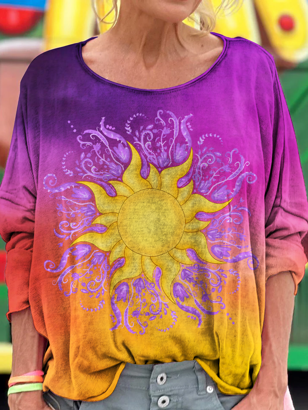 Retro Hippie Sun Art Dropped Shoulders Long Sleeves T-shirt