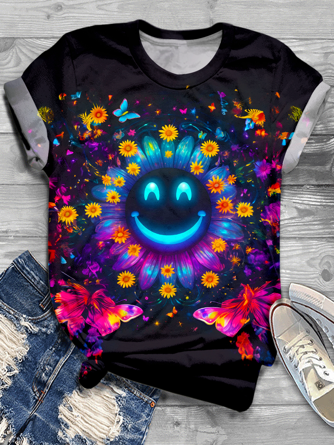 Classic Floral Hippie Smiley Face Crew Neck T-shirt