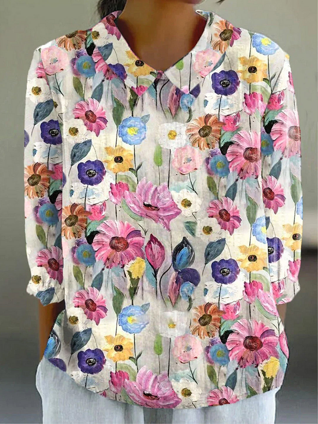 Oil Painting Floral Pattern Short Sleeve Shirt Collar T-shirt