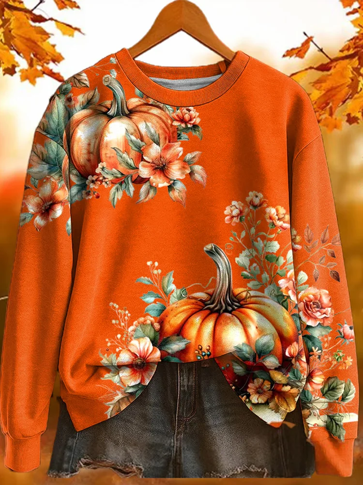 Cozy Fall Maple Leaf Pumpkin Printed Long Sleeve Casual Top