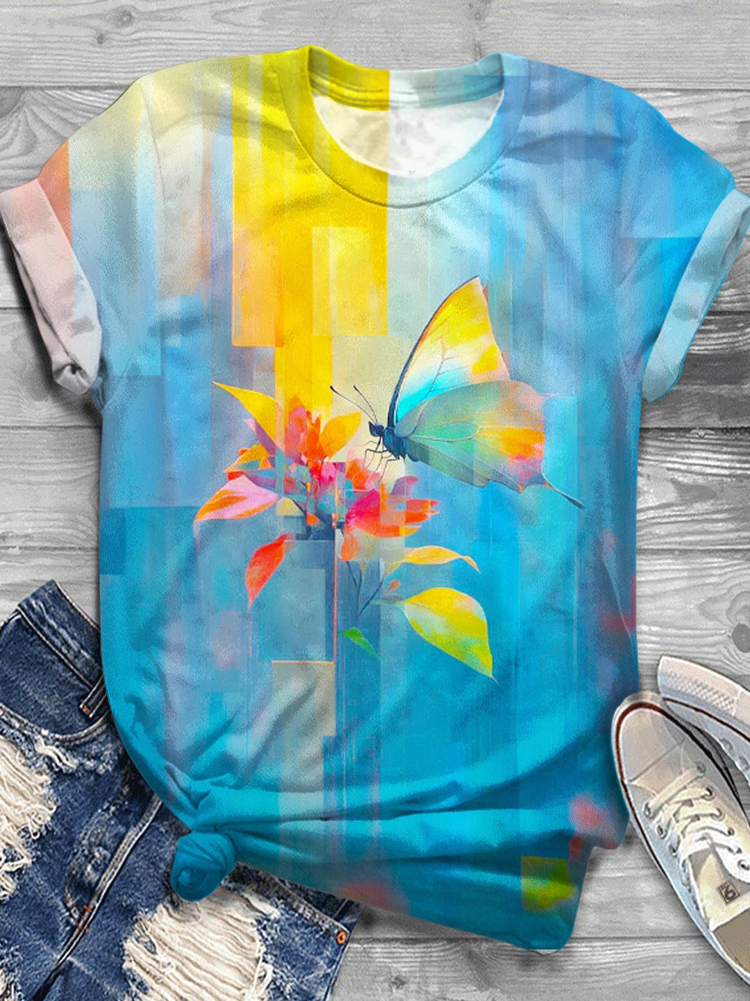 Butterfly Glass Print Crew Neck T-shirt