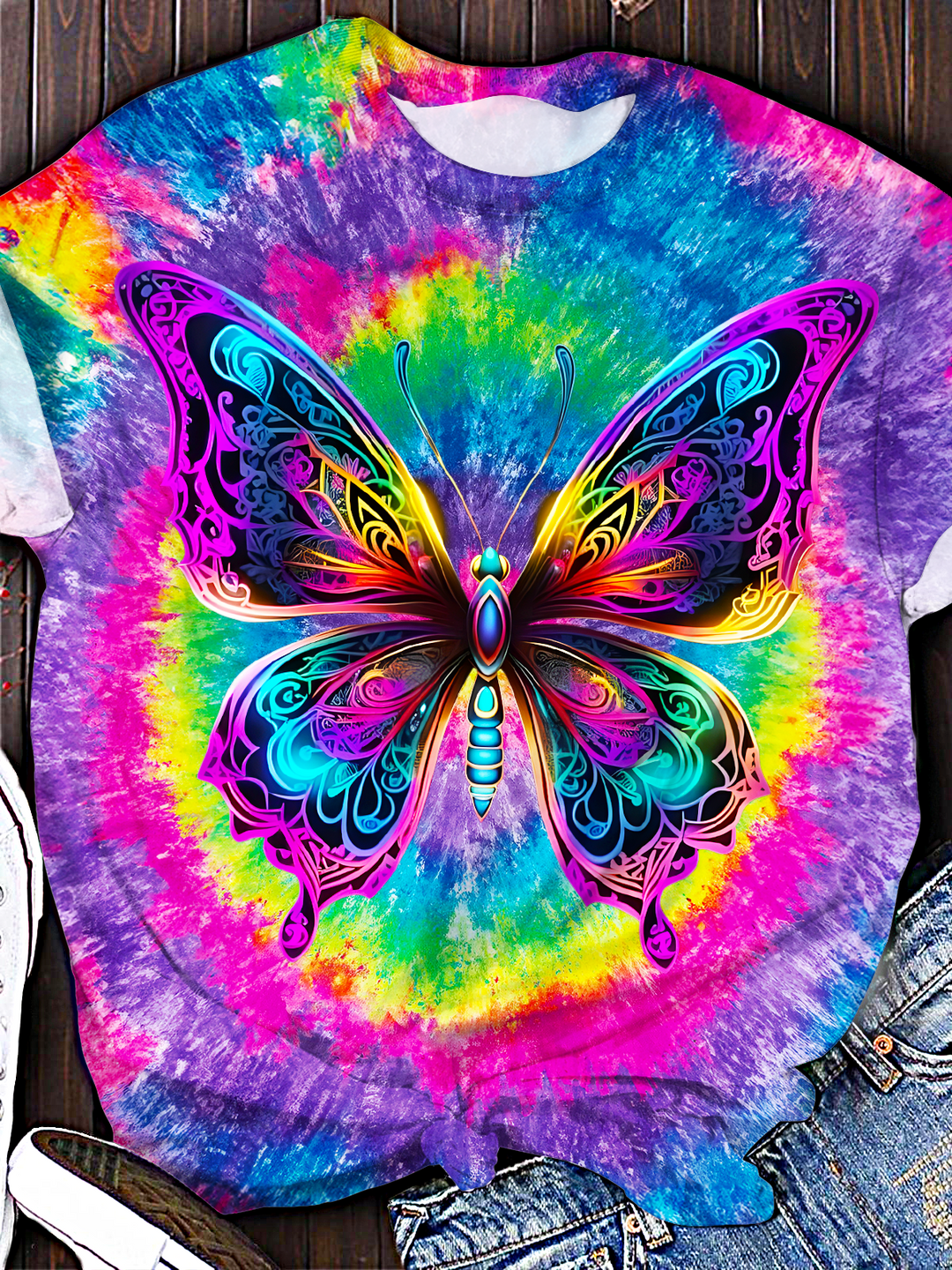 Colorful Hippie Butterfly Art Crew Neck T-shirt