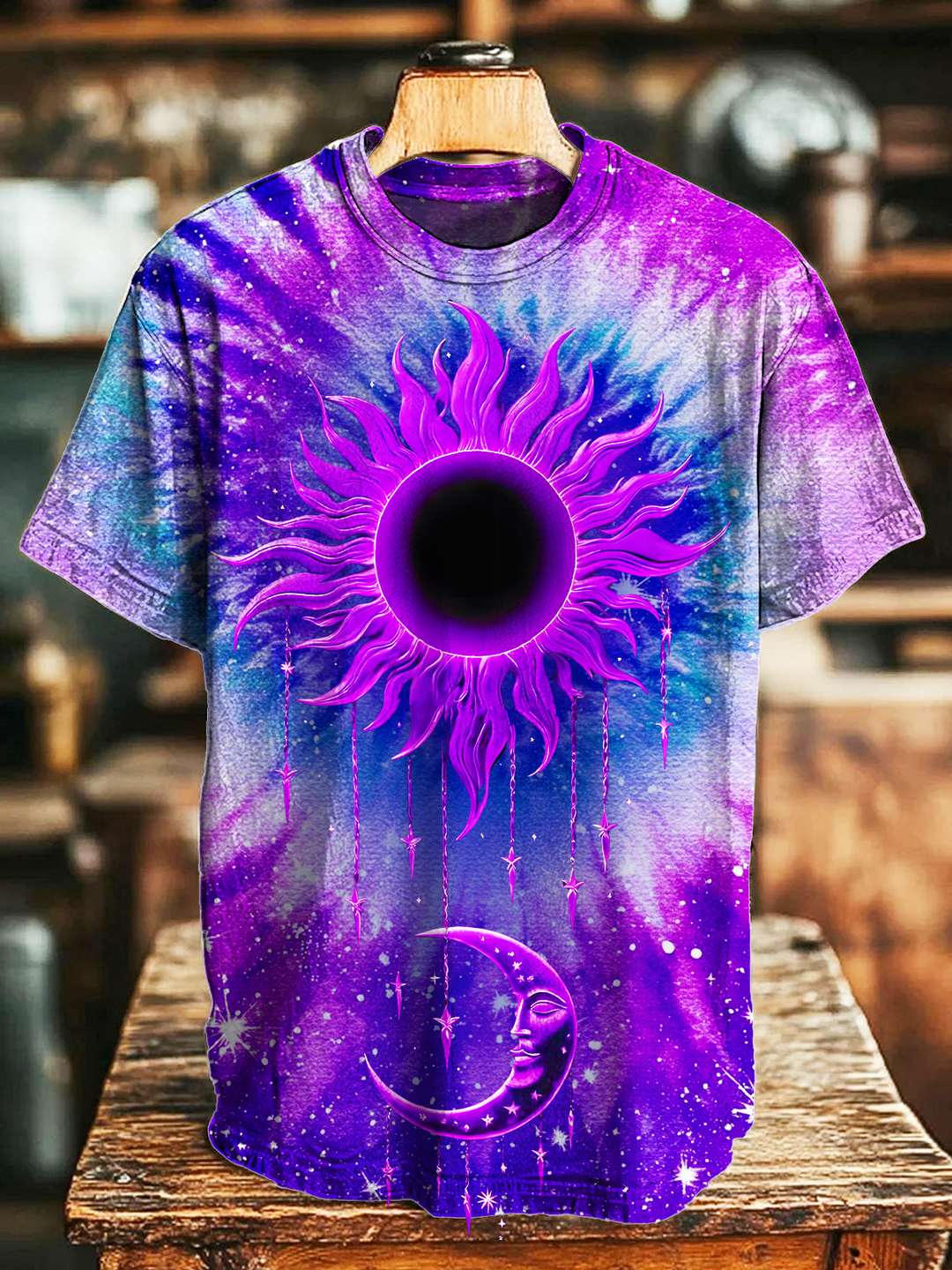 Psychedelic Tie-dye Hippie Sun And Moon Art Crew Neck T-shirt