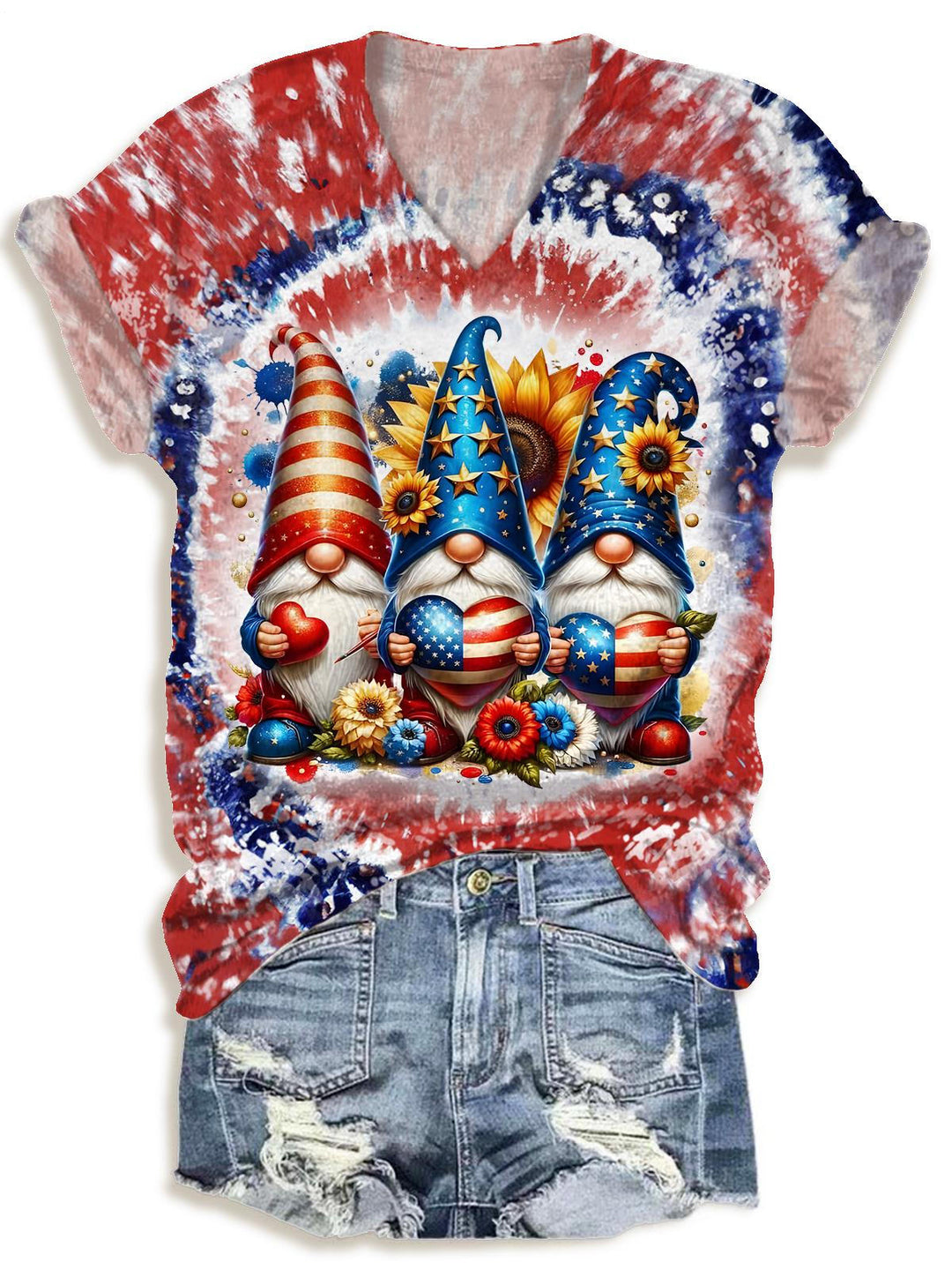 Vintage Independence Day Tie-Dye Gnome Print V-neck T-Shirt