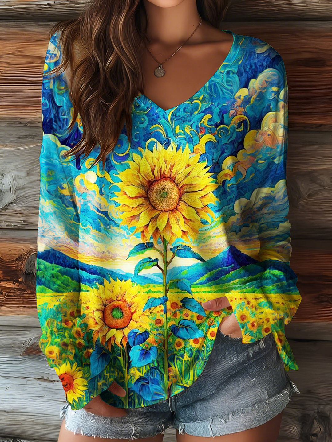 Colorful Hippie Psychedelic Sunflower Art V-neck Long Sleeve Top