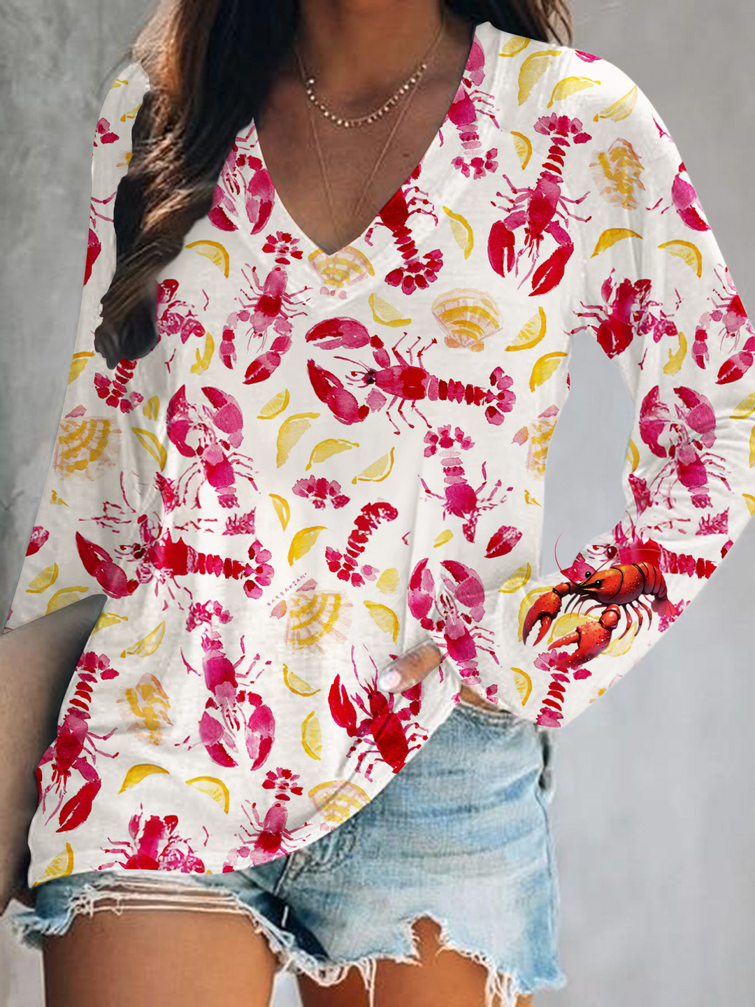 Fun Crawfish Party Art Print V-Neck Long Sleeve Top