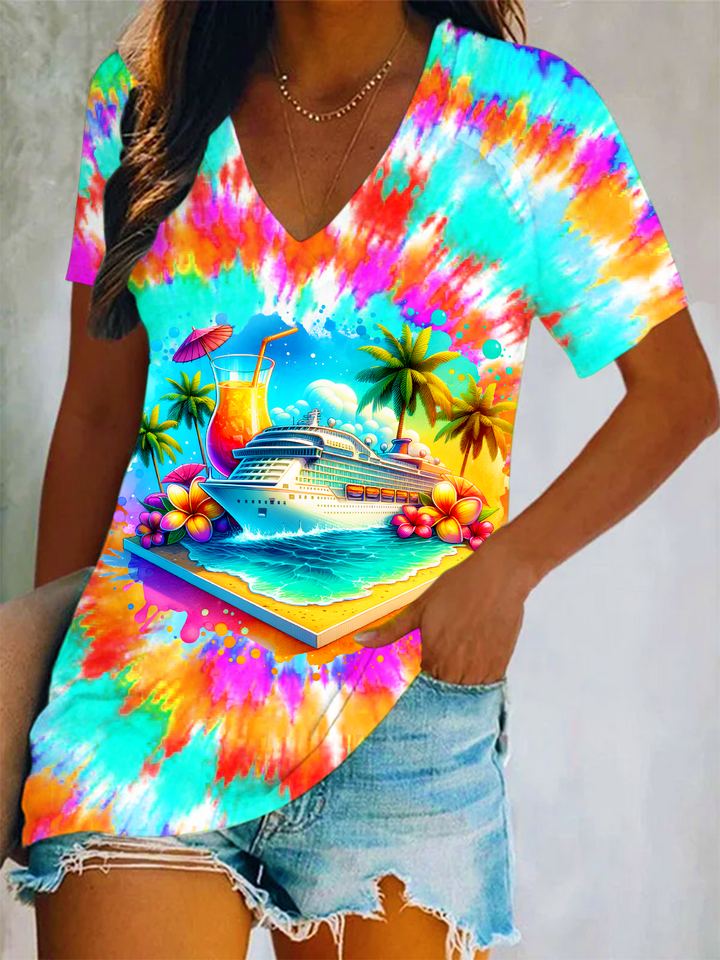 Tie-dye Cruise Watercolor Art Short Sleeve V Neck Print Top