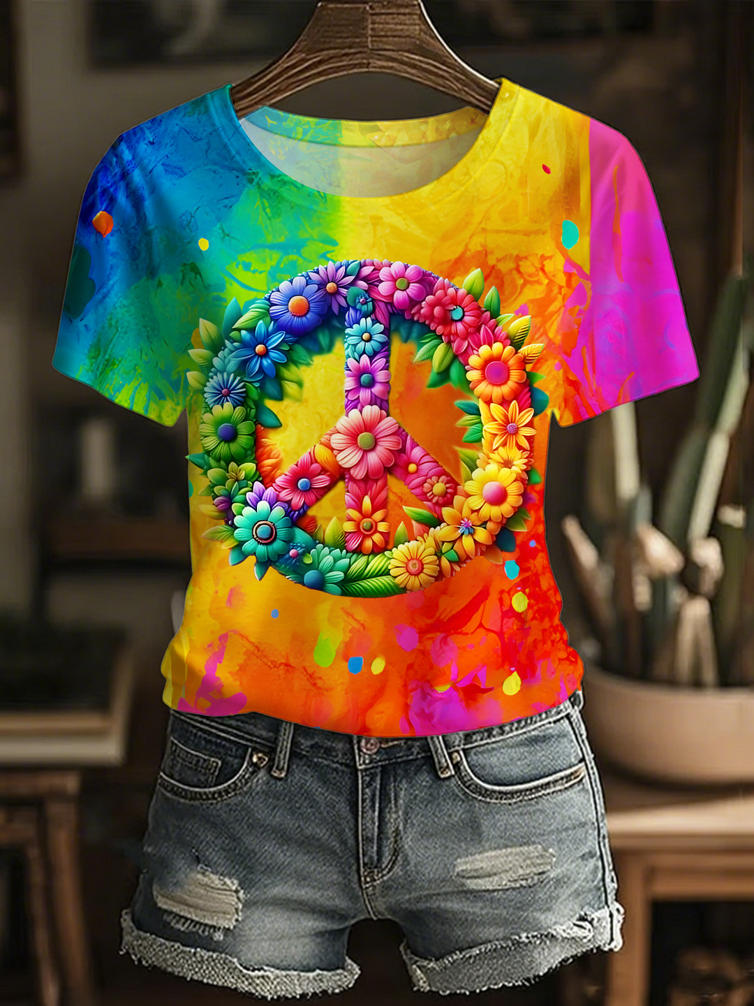Colorful Hippie Floral Peace Art Crew Neck T-shirt