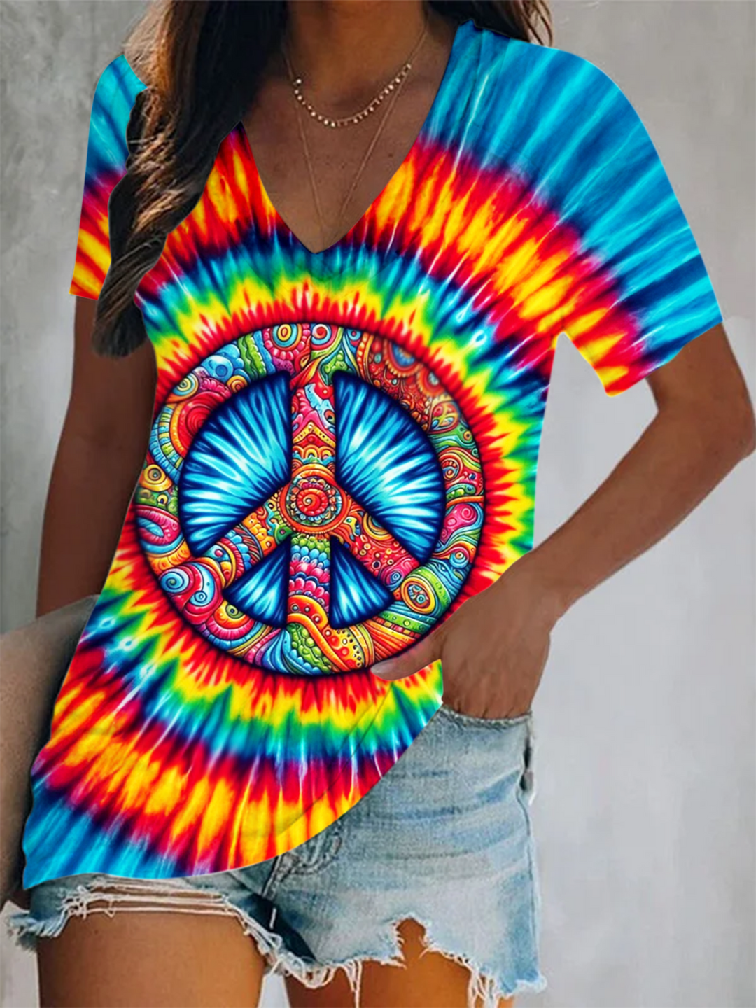 Retro Tie-dye Peace Hippie Short Sleeve V Neck Print Top