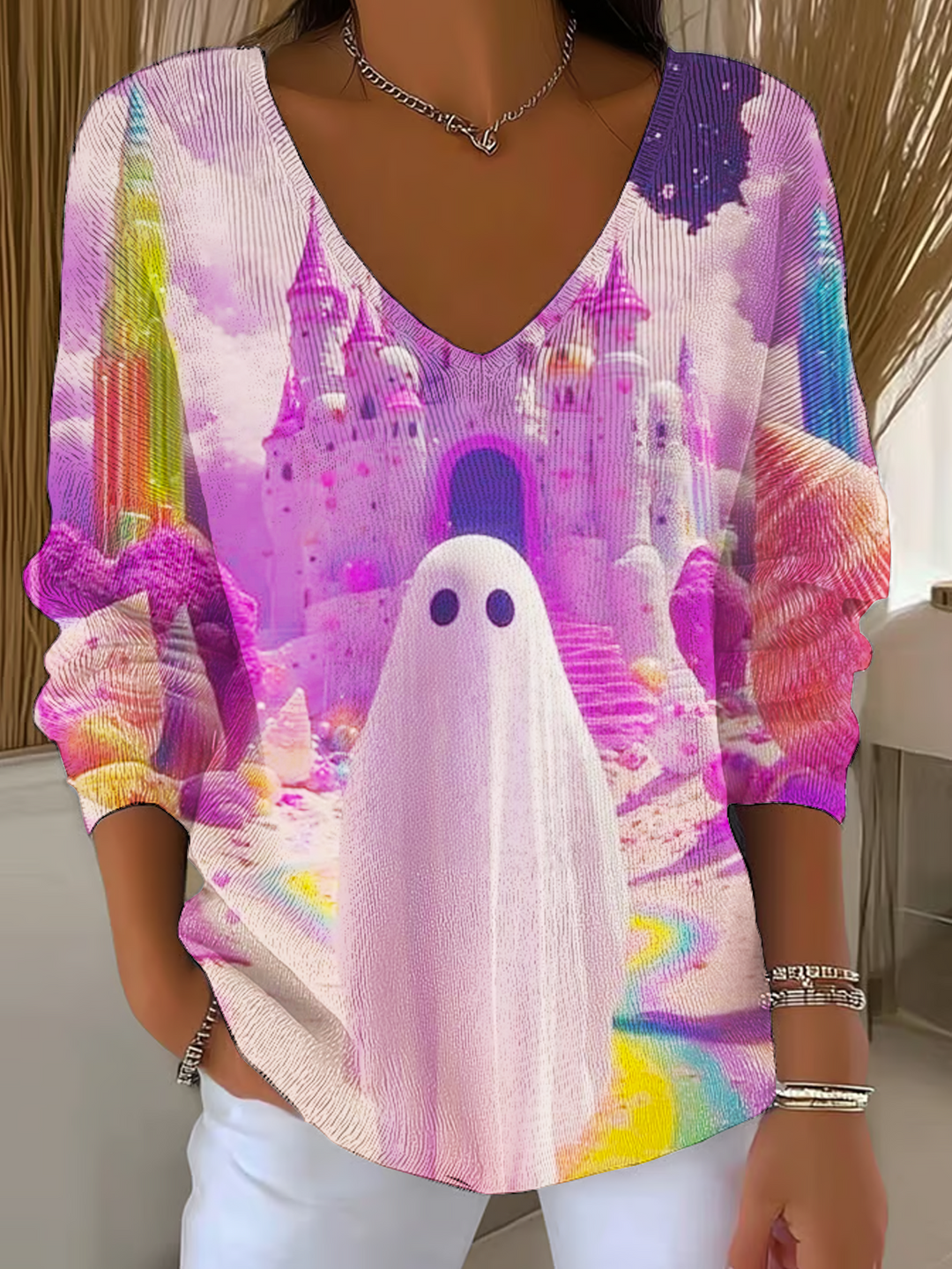 Halloween Rainbow Castle Ghost Casual V Neck Pullover Sweater
