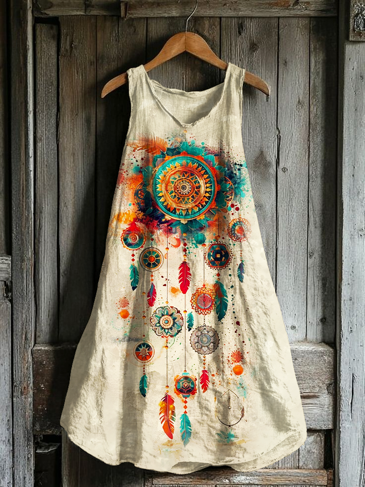 Vintage Hippie Dream Catcher Art Exquisite Hemp Sleeveless V-Neck Dress